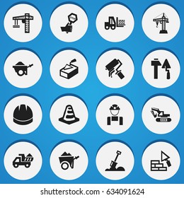 Set Of 16 Editable Construction Icons including Symbols Such As Truck, Oar, Excavation Machine And More. Can Be Used For Web, Mobile, UI And Infographic Design.
