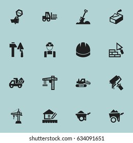 Set Of 16 Editable Construction Icons including Symbols Such As Construction Tools, Trolley, Lifting Equipment And More. Can Be Used For Web, Mobile, UI And Infographic Design.