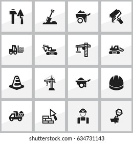 Set Of 16 Editable Construction Icons. Includes Symbols Such As Lifting Equipment, Employee, Facing And More. Can Be Used For Web, Mobile, UI And Infographic Design.