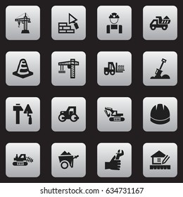 Set Of 16 Editable Construction Icons. Includes Symbols Such As Facing, Lifting Equipment, Employee And More. Can Be Used For Web, Mobile, UI And Infographic Design.