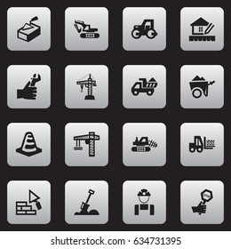 Set Of 16 Editable Construction Icons. Includes Symbols Such As Facing, Lifting Equipment, Spatula And More. Can Be Used For Web, Mobile, UI And Infographic Design.