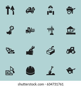 Set Of 16 Editable Construction Icons. Includes Symbols Such As Hands , Employee , Home Scheduling. Can Be Used For Web, Mobile, UI And Infographic Design.