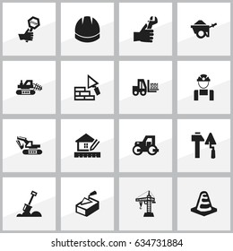 Set Of 16 Editable Construction Icons. Includes Symbols Such As Hands , Home Scheduling, Trolley. Can Be Used For Web, Mobile, UI And Infographic Design.