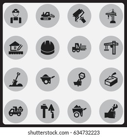 Set Of 16 Editable Construction Icons. Includes Symbols Such As Handcart , Construction Tools, Hands. Can Be Used For Web, Mobile, UI And Infographic Design.