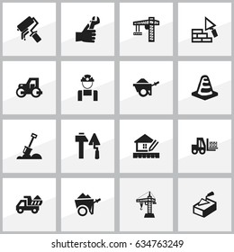 Set Of 16 Editable Construction Icons. Includes Symbols Such As Lifting Equipment, Scrub, Hands. Can Be Used For Web, Mobile, UI And Infographic Design.