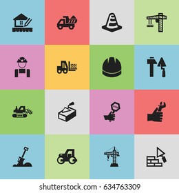 Set Of 16 Editable Construction Icons. Includes Symbols Such As Construction Tools, Notice Object, Caterpillar And More. Can Be Used For Web, Mobile, UI And Infographic Design.