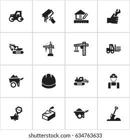 Set Of 16 Editable Construction Icons. Includes Symbols Such As Trolley, Elevator, Truck And More. Can Be Used For Web, Mobile, UI And Infographic Design.
