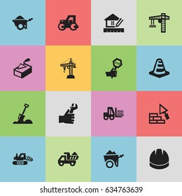 Set Of 16 Editable Construction Icons. Includes Symbols Such As Trolley, Home Scheduling, Mule And More. Can Be Used For Web, Mobile, UI And Infographic Design.
