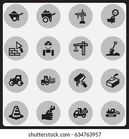 Set Of 16 Editable Construction Icons. Includes Symbols Such As Mule, Handcart , Scrub. Can Be Used For Web, Mobile, UI And Infographic Design.