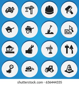 Set Of 16 Editable Construction Icons. Includes Symbols Such As Hands , Caterpillar, Endurance. Can Be Used For Web, Mobile, UI And Infographic Design.