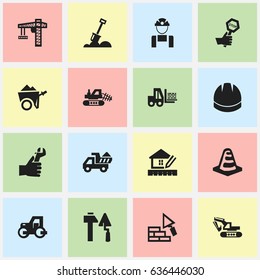 Set Of 16 Editable Construction Icons. Includes Symbols Such As Camion ,  Lifting Equipment, Hands. Can Be Used For Web, Mobile, UI And Infographic Design.