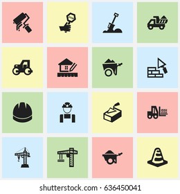 Set Of 16 Editable Construction Icons. Includes Symbols Such As Home Scheduling, Oar, Hardhat And More. Can Be Used For Web, Mobile, UI And Infographic Design.