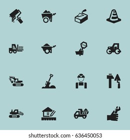 Set Of 16 Editable Construction Icons. Includes Symbols Such As Handcart , Truck , Hands. Can Be Used For Web, Mobile, UI And Infographic Design.