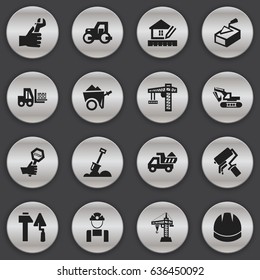 Set Of 16 Editable Construction Icons. Includes Symbols Such As Camion, Elevator, Excavation Machine And More. Can Be Used For Web, Mobile, UI And Infographic Design.