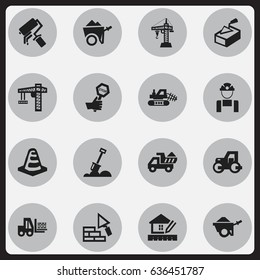 Set Of 16 Editable Construction Icons. Includes Symbols Such As Truck, Employee, Trolley And More. Can Be Used For Web, Mobile, UI And Infographic Design.