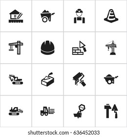 Set Of 16 Editable Construction Icons. Includes Symbols Such As Elevator, Facing, Construction Tools And More. Can Be Used For Web, Mobile, UI And Infographic Design.