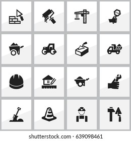 Set Of 16 Editable Construction Icons. Includes Symbols Such As Handcart , Notice Object ,  Lifting Equipment. Can Be Used For Web, Mobile, UI And Infographic Design.
