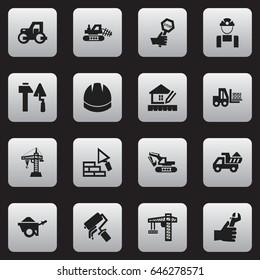 Set Of 16 Editable Construction Icons. Includes Symbols Such As Mule, Camion, Construction Tools And More. Can Be Used For Web, Mobile, UI And Infographic Design.