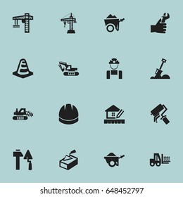 Set Of 16 Editable Construction Icons. Includes Symbols Such As Handcart , Oar , Spatula. Can Be Used For Web, Mobile, UI And Infographic Design.