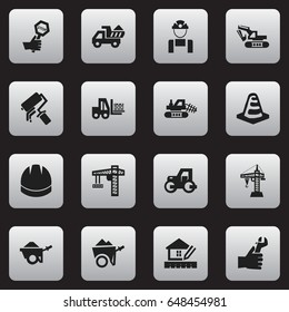 Set Of 16 Editable Construction Icons. Includes Symbols Such As Home Scheduling, Lifting Equipment, Scrub And More. Can Be Used For Web, Mobile, UI And Infographic Design.