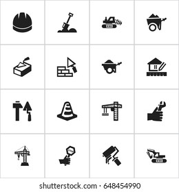 Set Of 16 Editable Construction Icons. Includes Symbols Such As Construction Tools, Trolley, Elevator And More. Can Be Used For Web, Mobile, UI And Infographic Design.