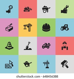 Set Of 16 Editable Construction Icons. Includes Symbols Such As Mule, Oar , Handcart. Can Be Used For Web, Mobile, UI And Infographic Design.