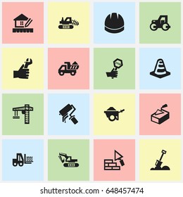 Set Of 16 Editable Construction Icons. Includes Symbols Such As Camion, Excavation Machine, Mule And More. Can Be Used For Web, Mobile, UI And Infographic Design.