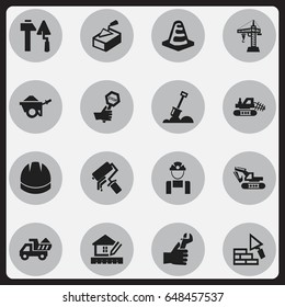 Set Of 16 Editable Construction Icons. Includes Symbols Such As Notice Object, Camion, Hardhat And More. Can Be Used For Web, Mobile, UI And Infographic Design.
