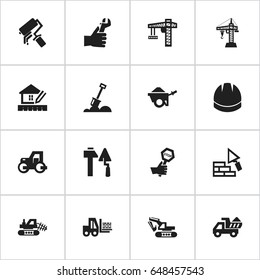 Set Of 16 Editable Construction Icons. Includes Symbols Such As Hands , Truck , Endurance. Can Be Used For Web, Mobile, UI And Infographic Design.