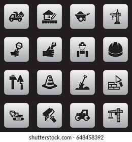 Set Of 16 Editable Construction Icons. Includes Symbols Such As Facing, Excavation Machine, Elevator And More. Can Be Used For Web, Mobile, UI And Infographic Design.