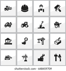 Set Of 16 Editable Construction Icons. Includes Symbols Such As Caterpillar, Camion, Lifting Equipment And More. Can Be Used For Web, Mobile, UI And Infographic Design.