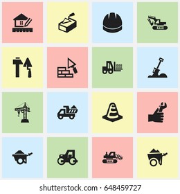 Set Of 16 Editable Construction Icons. Includes Symbols Such As Camion , Oar , Hands. Can Be Used For Web, Mobile, UI And Infographic Design.