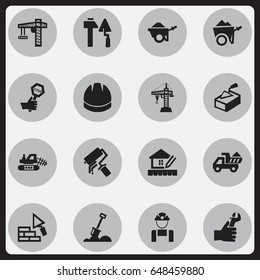 Set Of 16 Editable Construction Icons. Includes Symbols Such As Scrub, Handcart , Oar. Can Be Used For Web, Mobile, UI And Infographic Design.