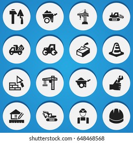 Set Of 16 Editable Construction Icons. Includes Symbols Such As Mule, Camion , Handcart. Can Be Used For Web, Mobile, UI And Infographic Design.