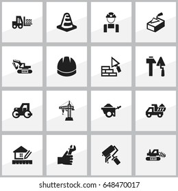 Set Of 16 Editable Construction Icons. Includes Symbols Such As Excavation Machine, Scrub, Trolley And More. Can Be Used For Web, Mobile, UI And Infographic Design.