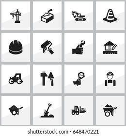 Set Of 16 Editable Construction Icons. Includes Symbols Such As Trolley, Home Scheduling, Notice Object And More. Can Be Used For Web, Mobile, UI And Infographic Design.