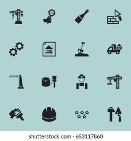 Set Of 16 Editable Construction Icons. Includes Symbols Such As Construction Tools, Brush With Bucket, Hardhat And More. Can Be Used For Web, Mobile, UI And Infographic Design.