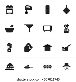 Set Of 16 Editable Cook Icons. Includes Symbols Such As Kitchen Hood, Bakery, Cookware And More. Can Be Used For Web, Mobile, UI And Infographic Design.