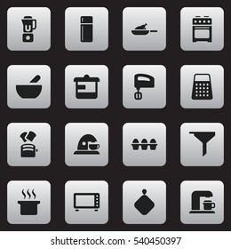 Set Of 16 Editable Cook Icons. Includes Symbols Such As Shredder, Soup Pot, Stove And More. Can Be Used For Web, Mobile, UI And Infographic Design.