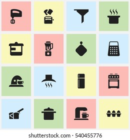 Set Of 16 Editable Cook Icons. Includes Symbols Such As Drink Maker, Cup, Kitchen Hood And More. Can Be Used For Web, Mobile, UI And Infographic Design.