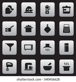 Set Of 16 Editable Cook Icons. Includes Symbols Such As Refrigerator, Oven, Utensil And More. Can Be Used For Web, Mobile, UI And Infographic Design.