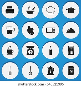 Set Of 16 Editable Cook Icons. Includes Symbols Such As Coffee, Wave Oven, Potholder And More. Can Be Used For Web, Mobile, UI And Infographic Design.