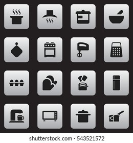 Set Of 16 Editable Cook Icons. Includes Symbols Such As Shredder, Agitator, Kitchen Glove And More. Can Be Used For Web, Mobile, UI And Infographic Design.
