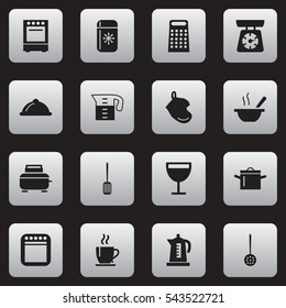 Set Of 16 Editable Cook Icons. Includes Symbols Such As Coffee, Oven, Fridge And More. Can Be Used For Web, Mobile, UI And Infographic Design.
