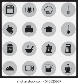 Set Of 16 Editable Cook Icons. Includes Symbols Such As Wave Oven, Strainer, Kettle And More. Can Be Used For Web, Mobile, UI And Infographic Design.