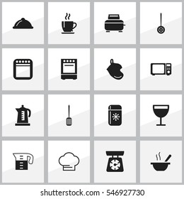 Set Of 16 Editable Cook Icons. Includes Symbols Such As Fridge, Bowl, Water Jug And More. Can Be Used For Web, Mobile, UI And Infographic Design.