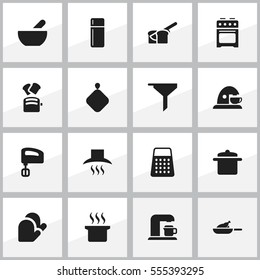 Set Of 16 Editable Cook Icons. Includes Symbols Such As Kitchen Hood, Cup, Kitchen Glove And More. Can Be Used For Web, Mobile, UI And Infographic Design.