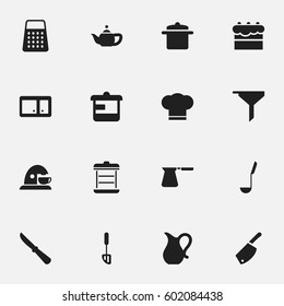 Set Of 16 Editable Cook Icons. Includes Symbols Such As Sideboard, Spatula, Jug And More. Can Be Used For Web, Mobile, UI And Infographic Design.