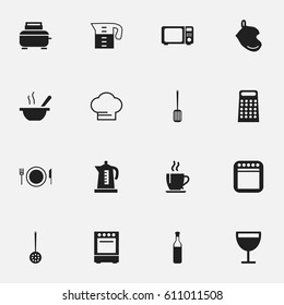 Set Of 16 Editable Cook Icons. Includes Symbols Such As Bowl, Beer, Wave Oven And More. Can Be Used For Web, Mobile, UI And Infographic Design.