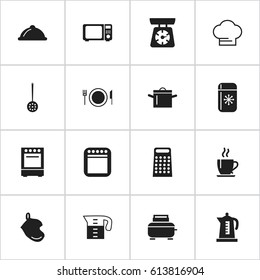 Set Of 16 Editable Cook Icons. Includes Symbols Such As Water Jug, Toaster, Plate And More. Can Be Used For Web, Mobile, UI And Infographic Design.